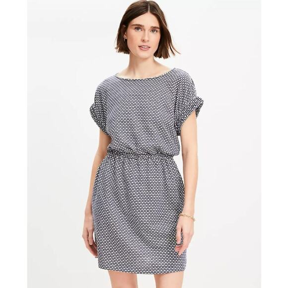 Ann Taylor LOFT Dresses & Skirts - LOFT Navy & White Textured Stripe Blouson Dress XL Elastic Waist Short Sleeve